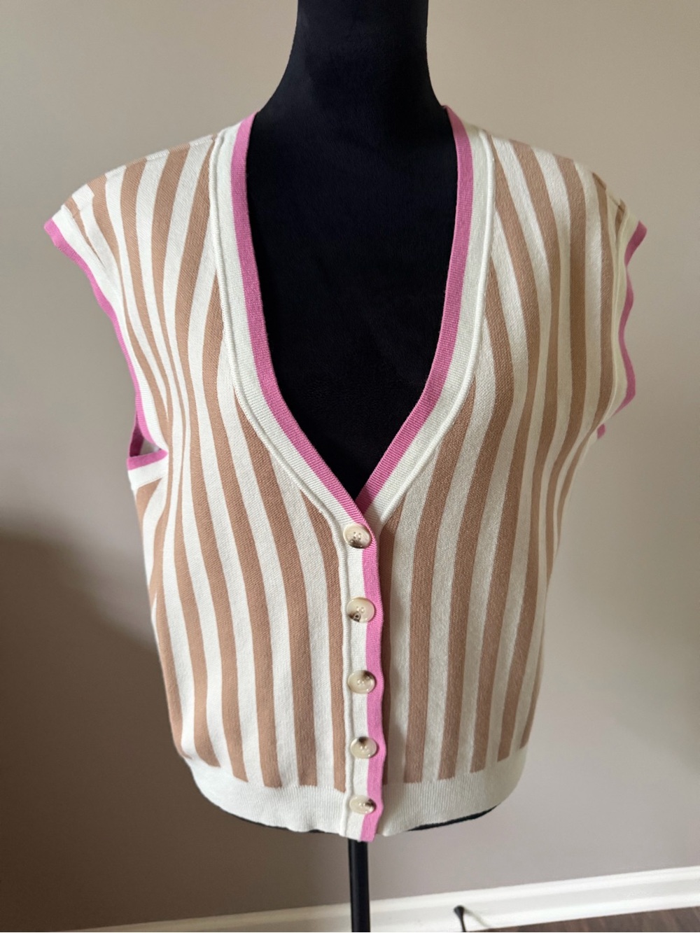 Fate Striped Knit Sleeveless Sweater Button Vest Beige, White & Pink Trim Small